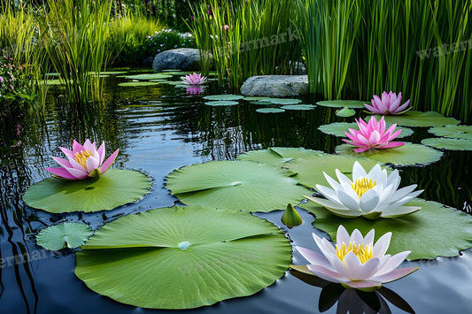 Secluded Lotus Pond Garden digital photo backdrop for photo editing, preview 1