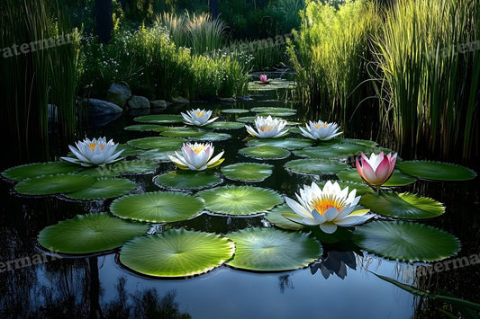 Secluded Lotus Pond Garden digital photo backdrop for photo editing, preview 1