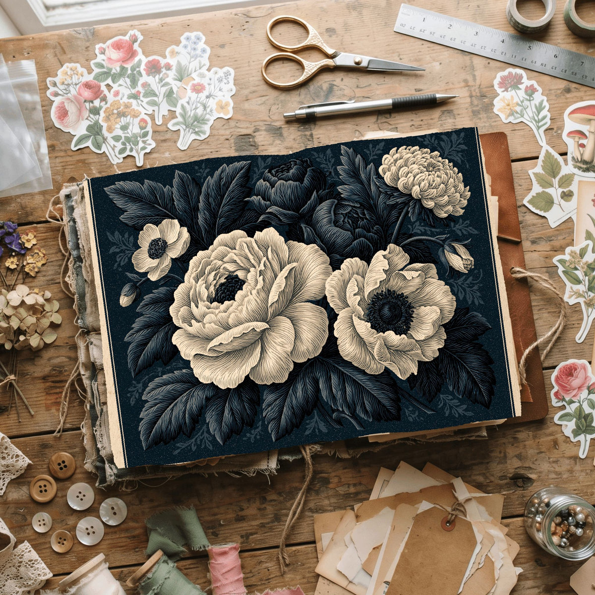 Vintage Black Ink Floral Illustration
