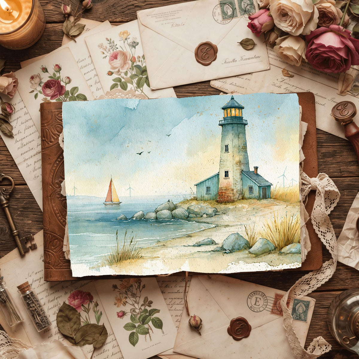 Watercolor Lighthouse Coastal Scene