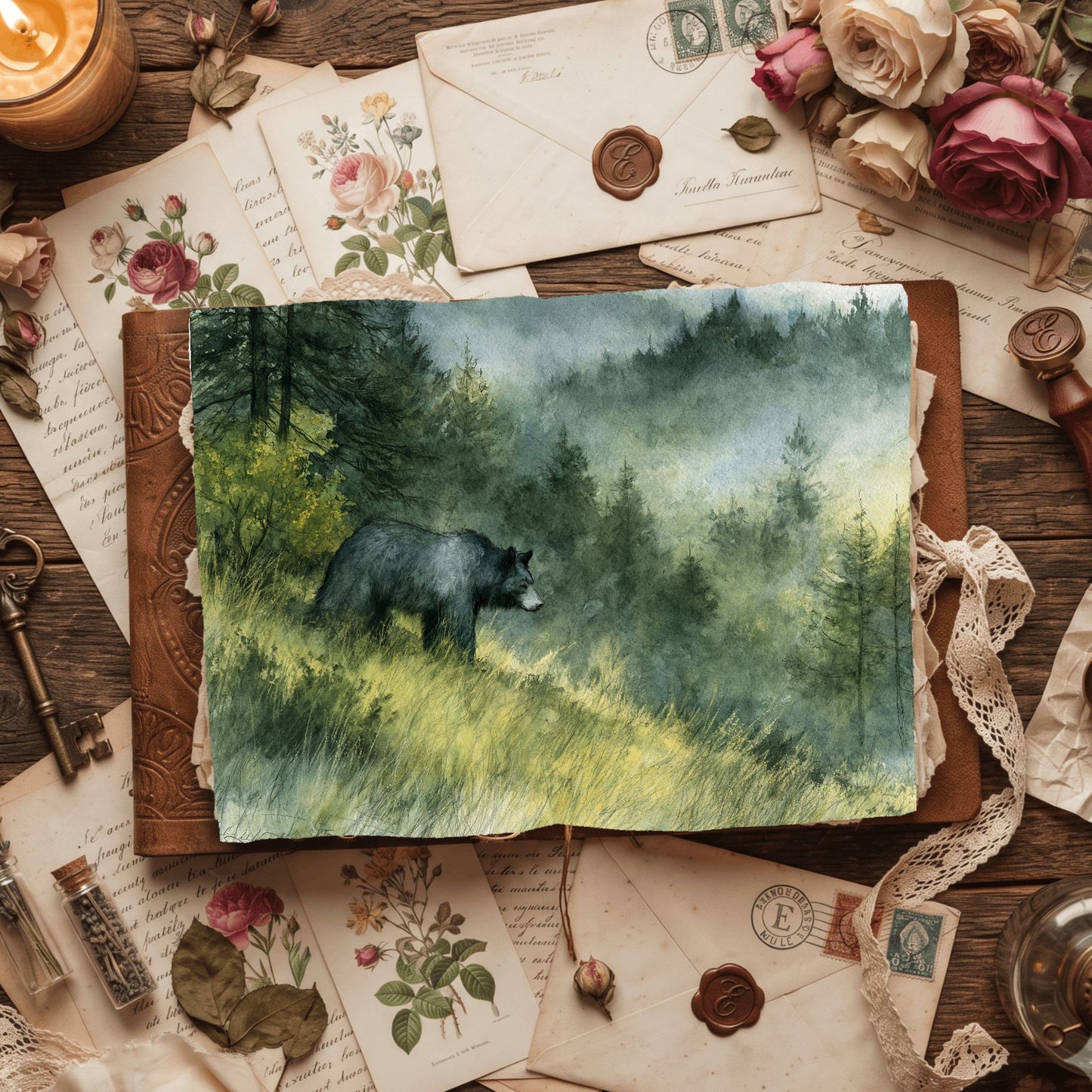 Woodland Bear Watercolor Landscape