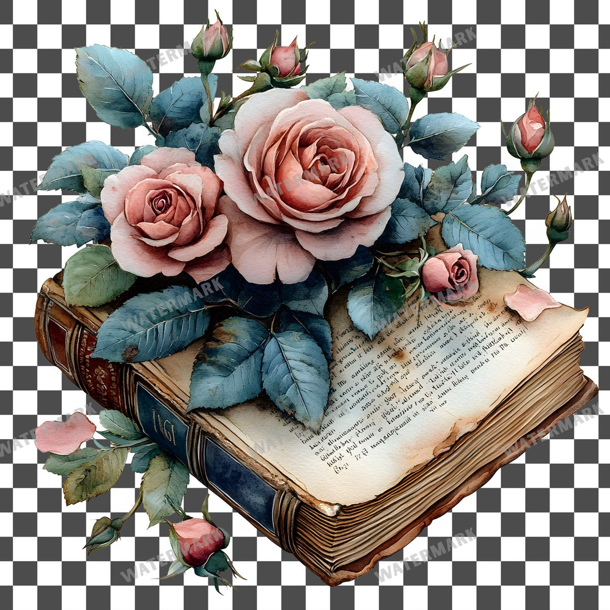 Book And Roses clipart PNG on a transparent background, design 2