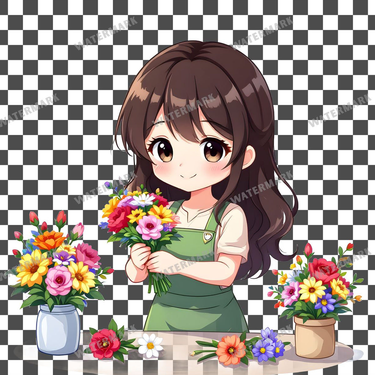 Chibi Florist Arranging Flowers clipart PNG on a transparent background, design 2