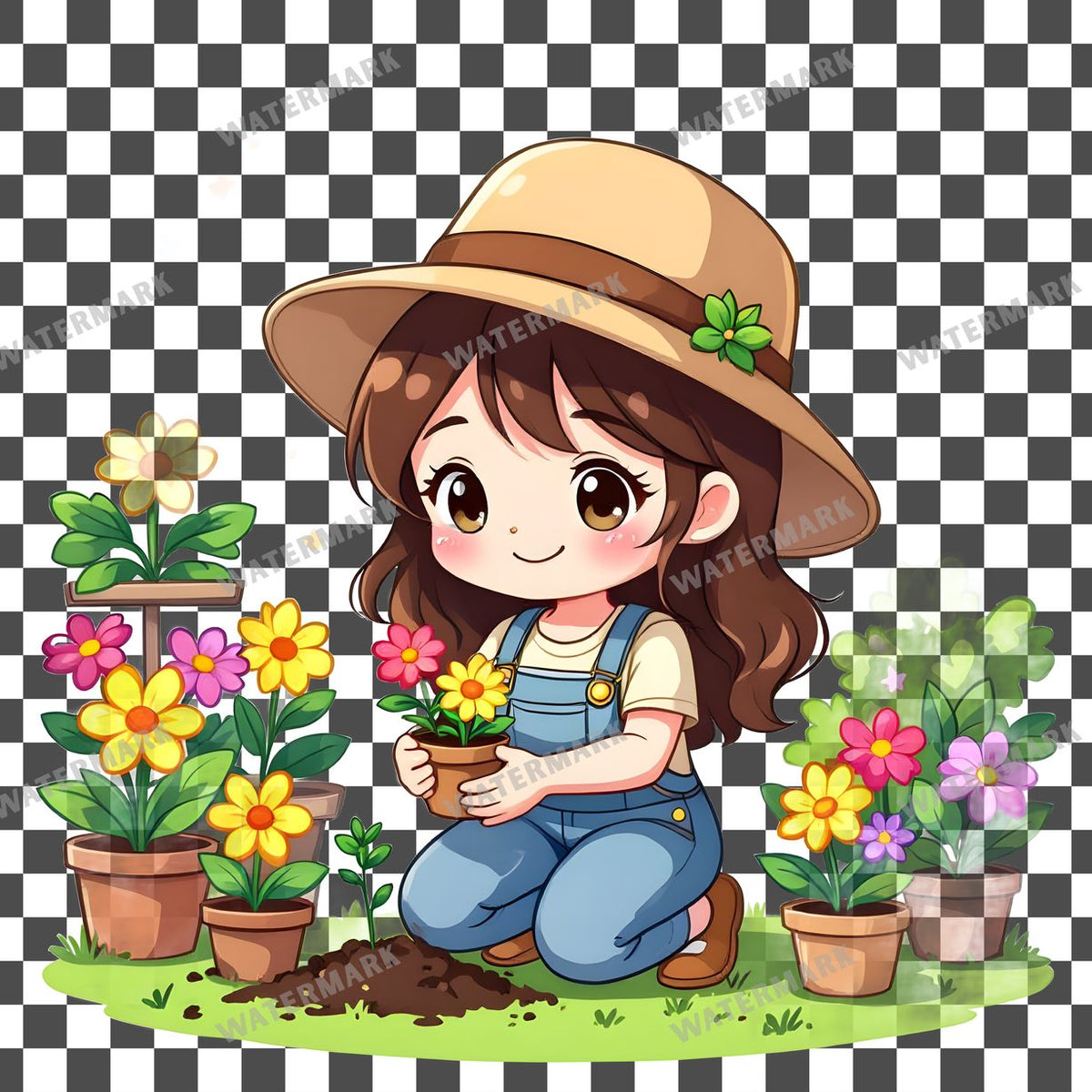 Chibi Gardener Planting Flowers clipart PNG on a transparent background, design 2