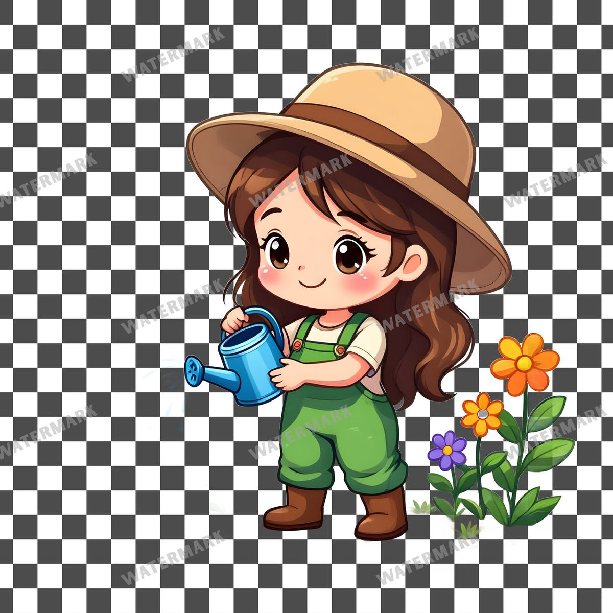 Chibi Gardener Watering Flowers clipart PNG on a transparent background, design 2