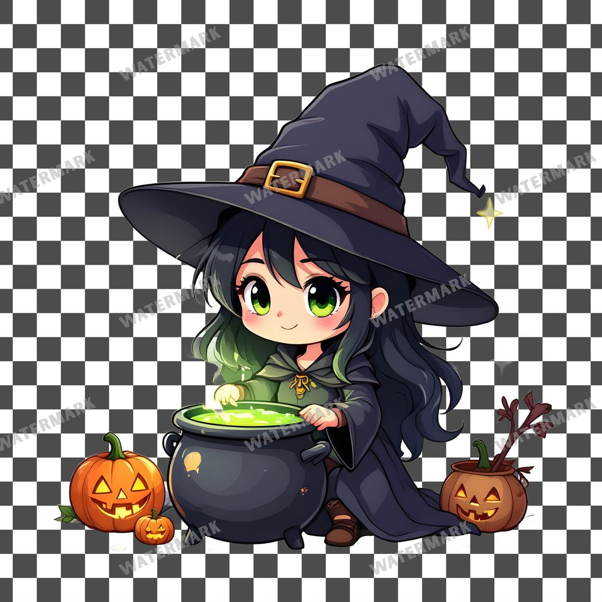 Chibi Witch Brewing clipart PNG on a transparent background, design 2