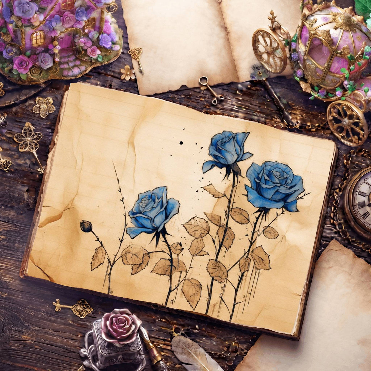 Decaying Blue Roses Digital Papers