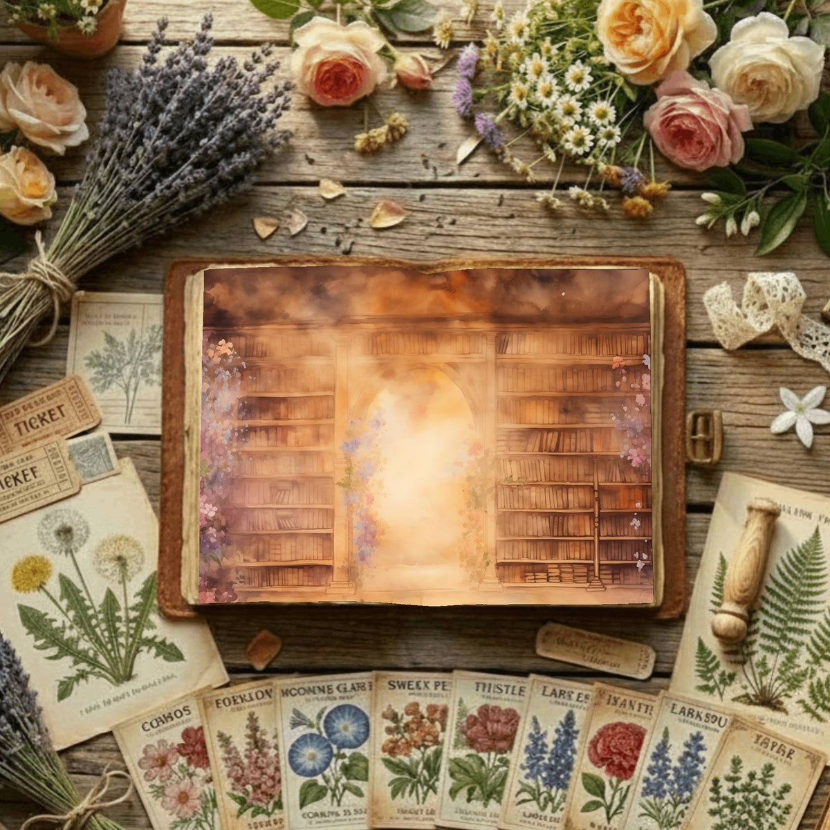 Floral Bookcase Digital Papers