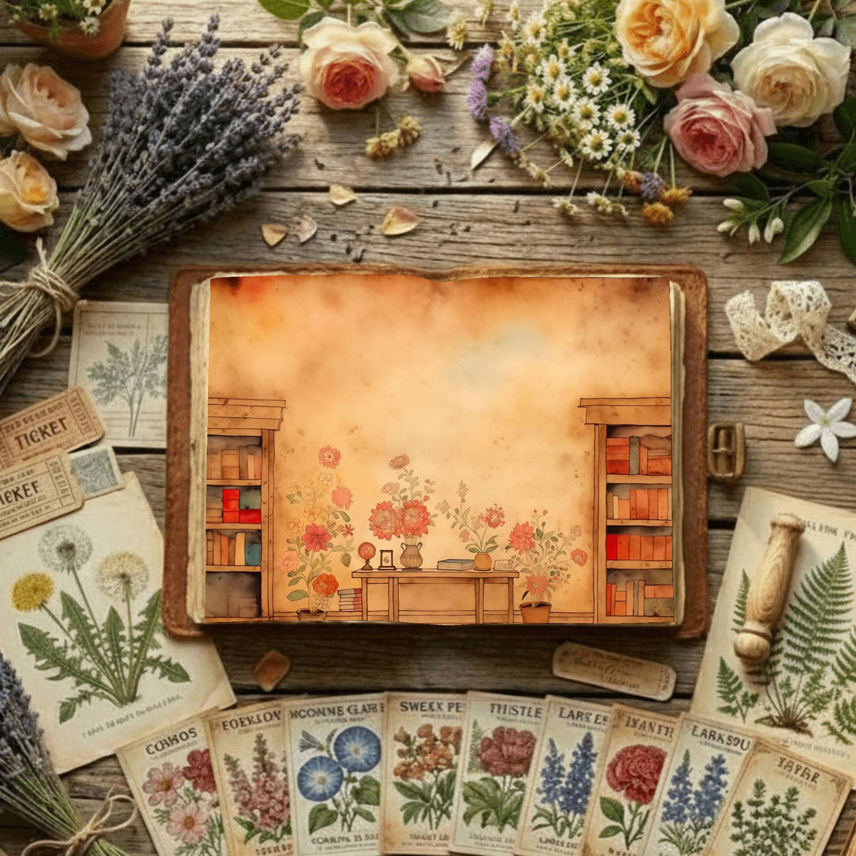 Floral Bookcase Digital Papers