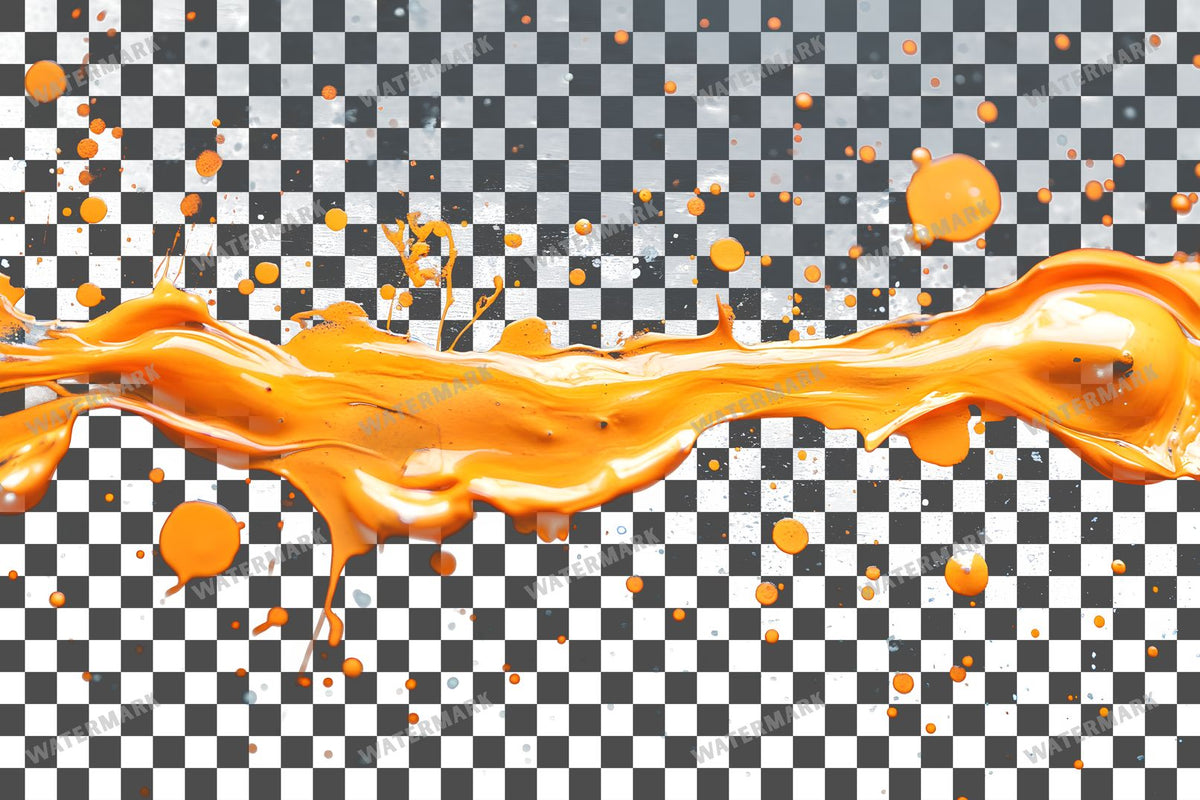 Orange Paint Splatter Abstract Splashes PNG overlay on a transparent checkered background, preview 2