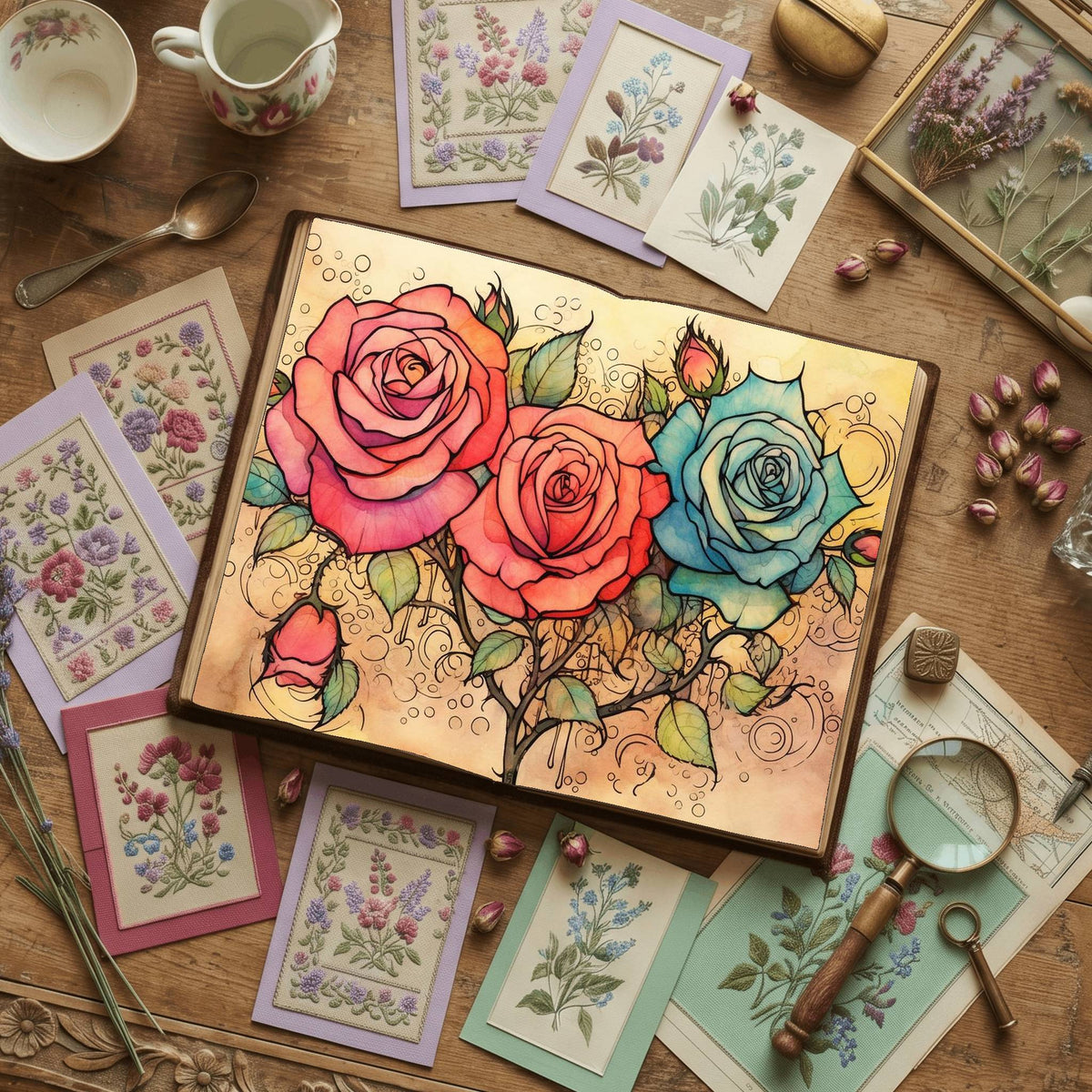 Rainbow Roses printable junk journal paper, page preview 2