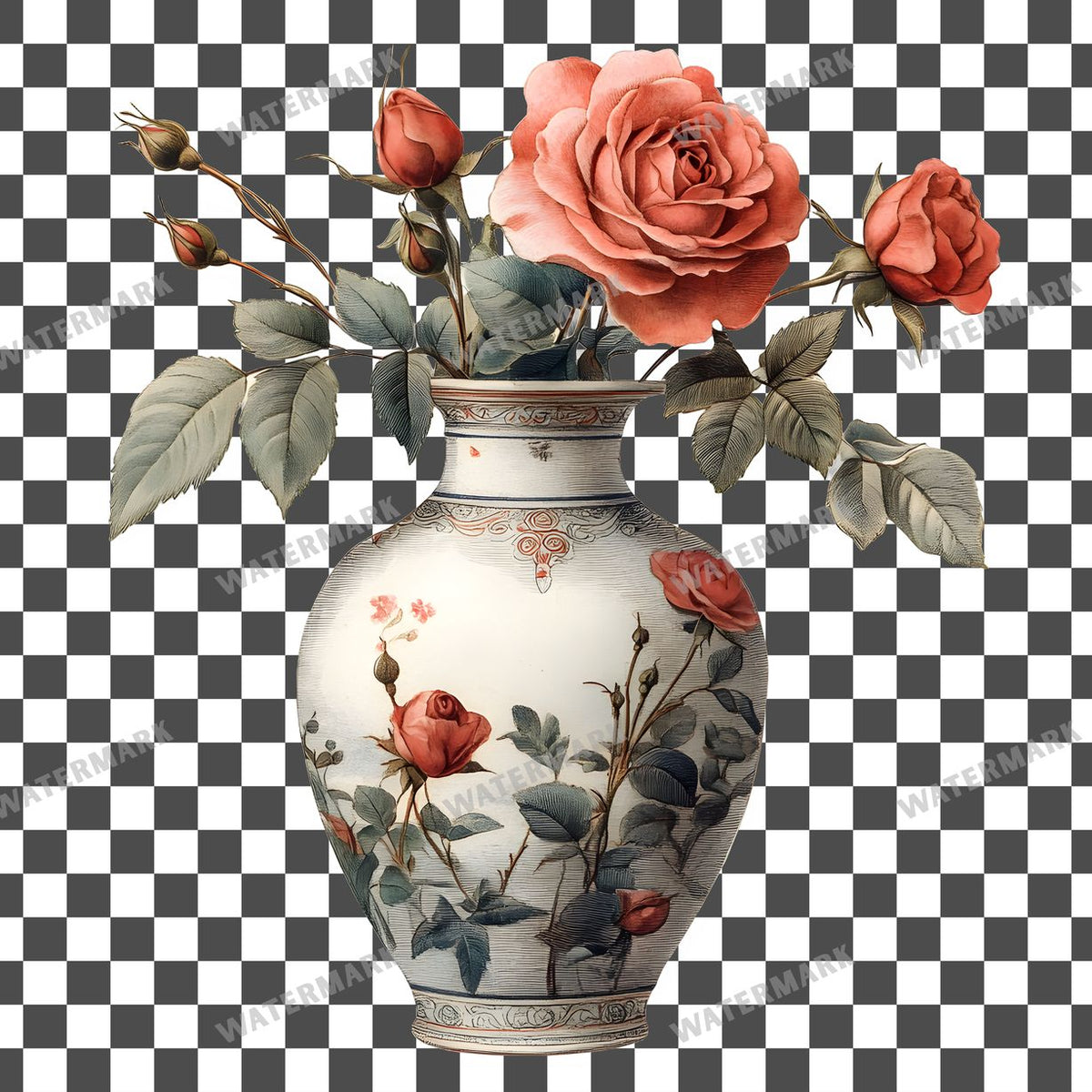 Red Roses Vintage Style clipart PNG on a transparent background, design 2