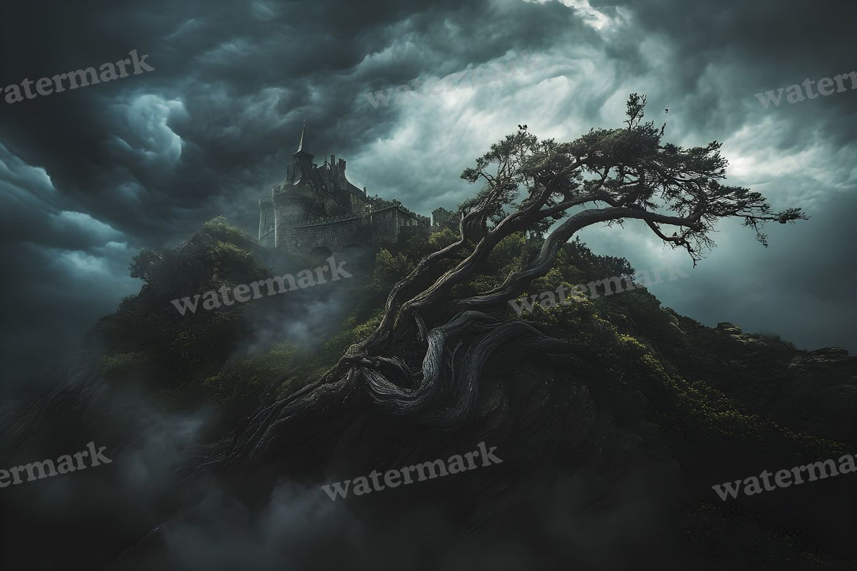 Witch’Castle On Dark Mountain In Storm Backdrop Images