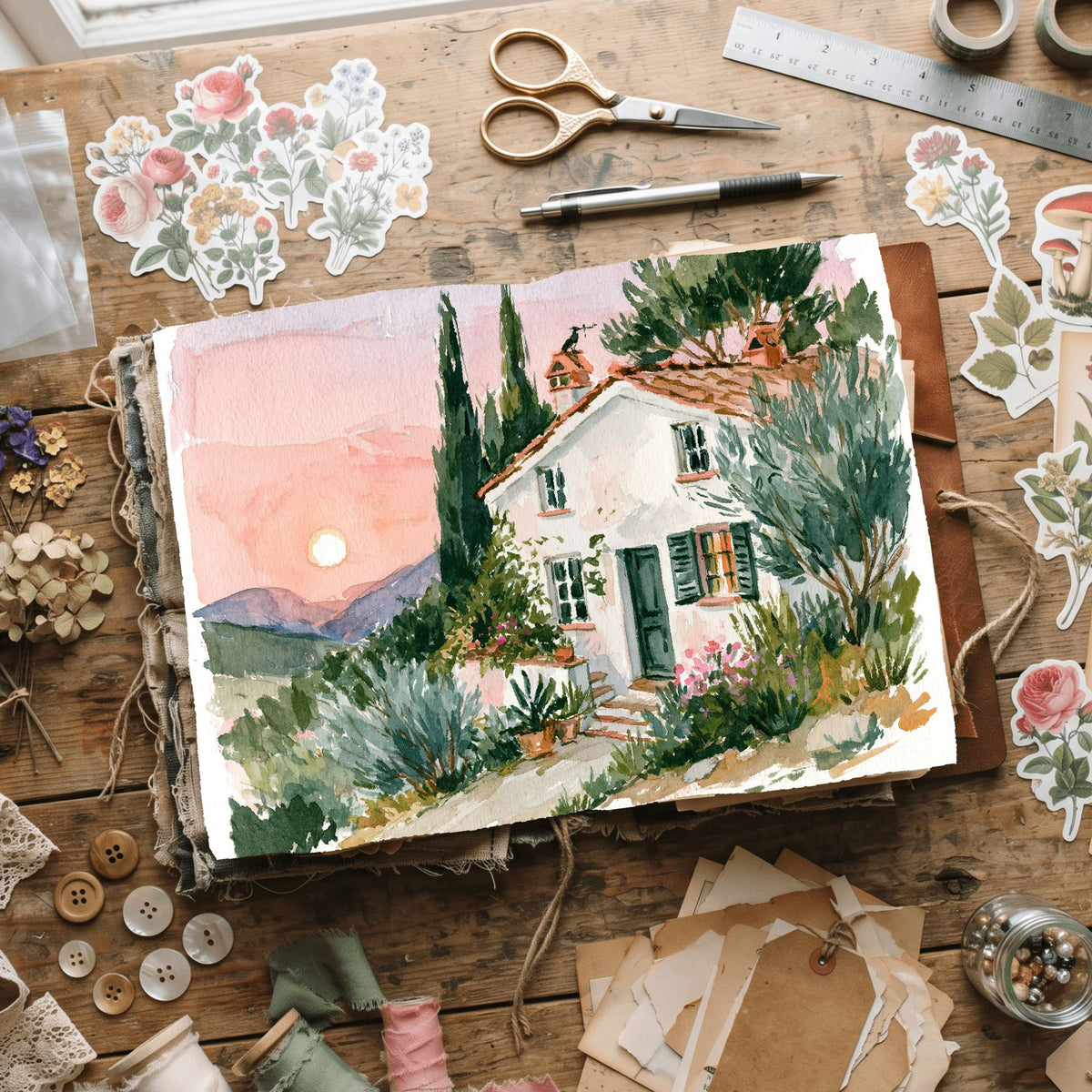 Airy Tuscany Watercolor Landscape