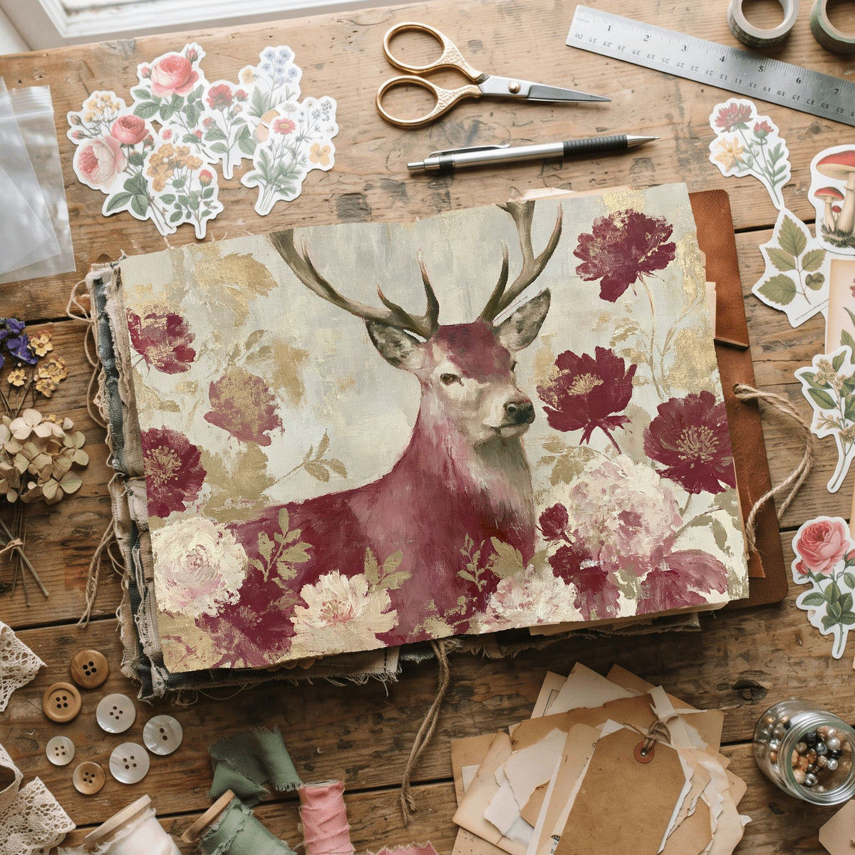 Majestic Stag Damask Botanical Art