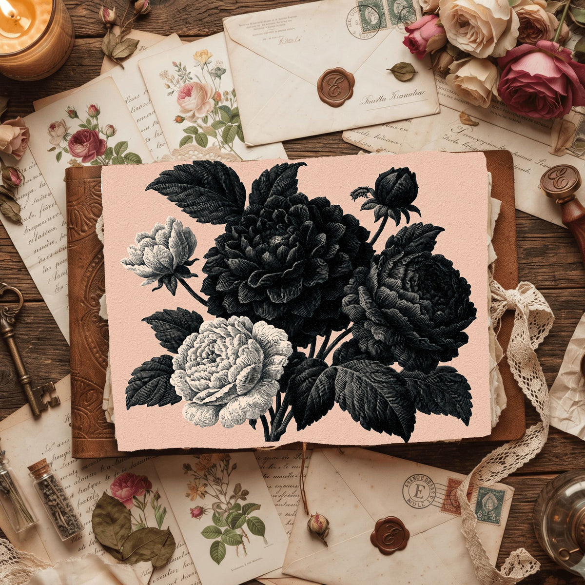Vintage Black Ink Floral Illustration