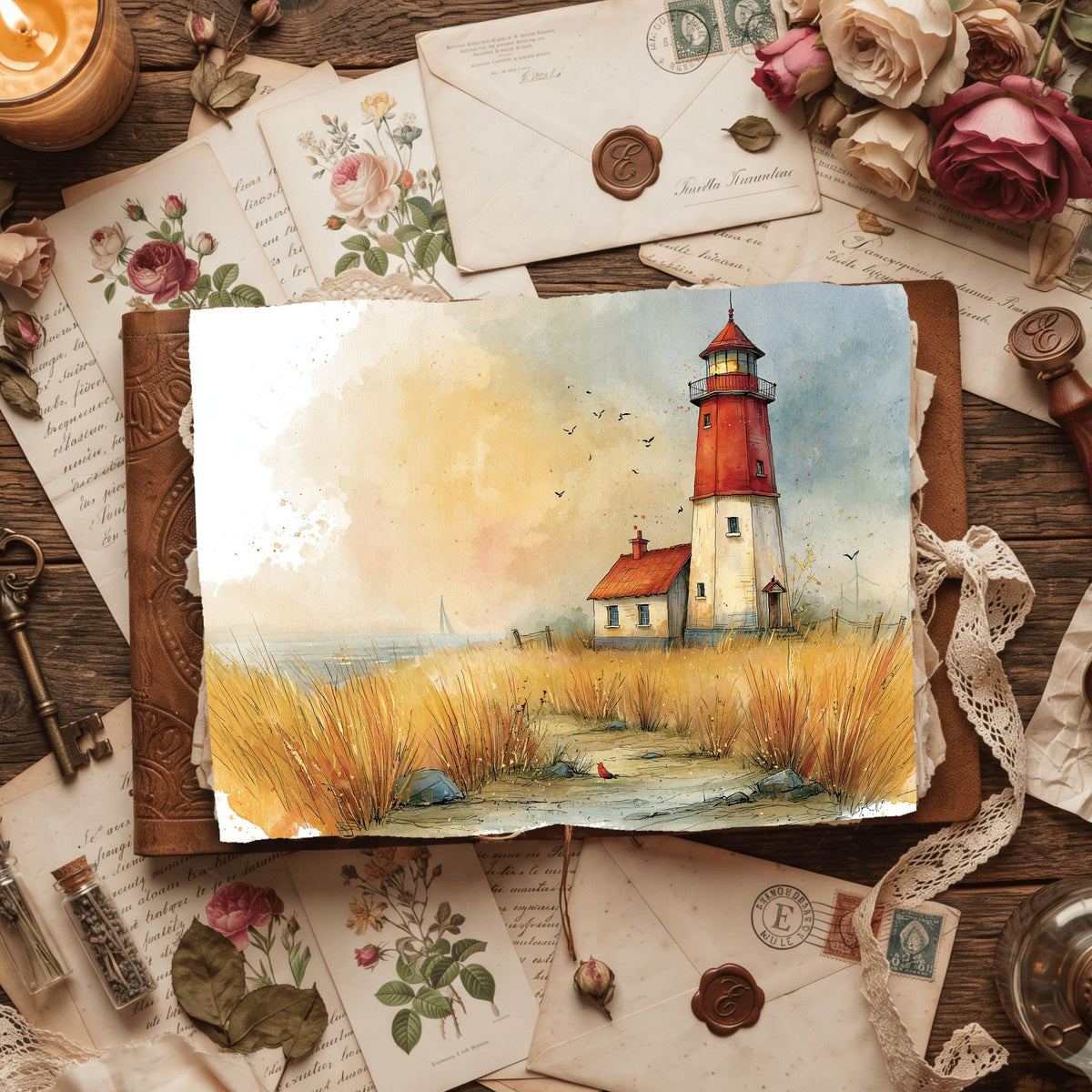 Watercolor Lighthouse Coastal Scene