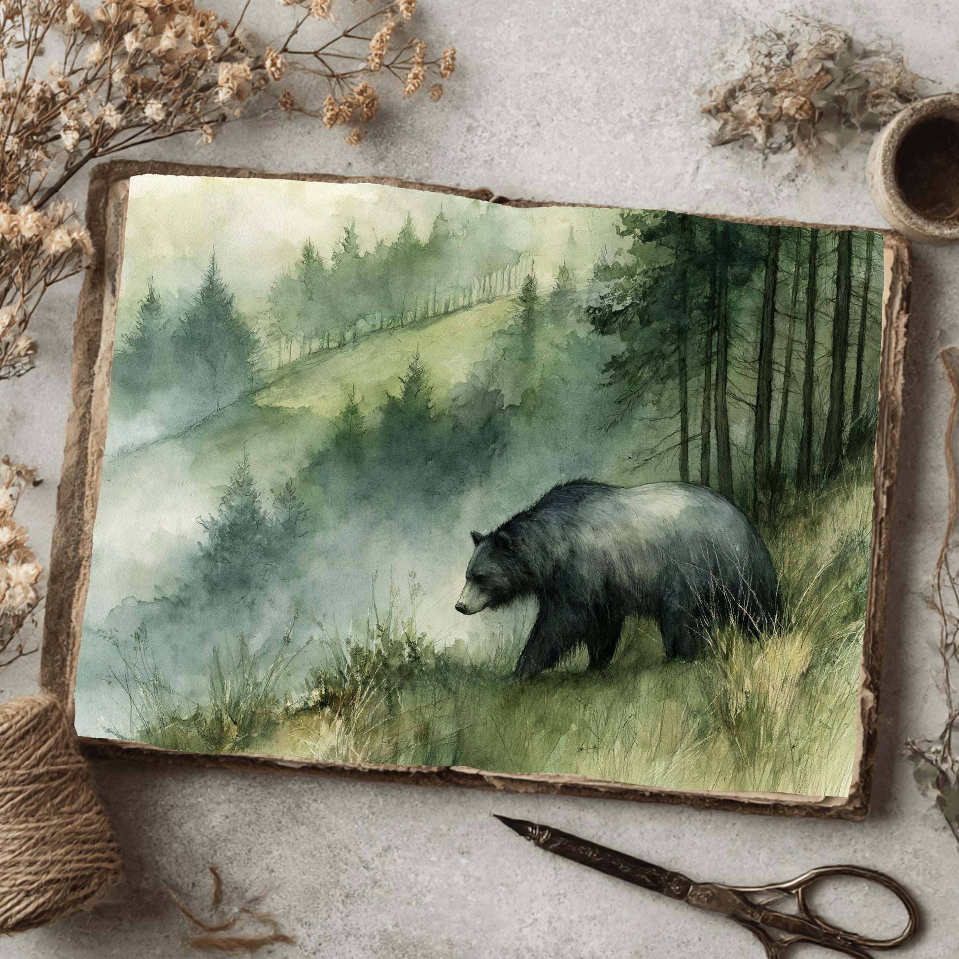 Woodland Bear Watercolor Landscape