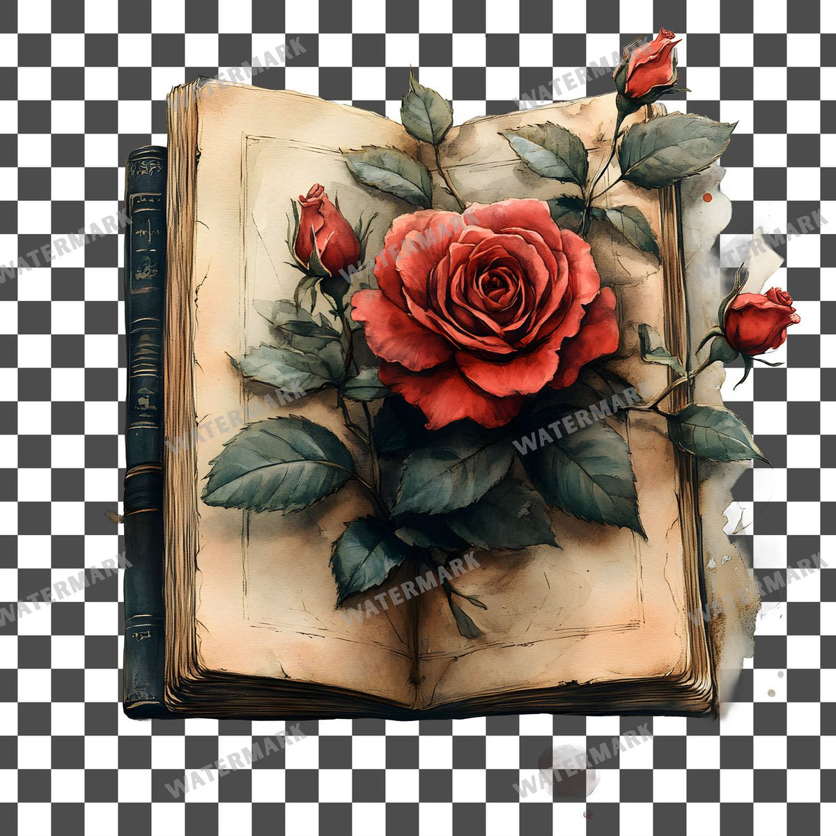 Book And Roses clipart PNG on a transparent background, design 3