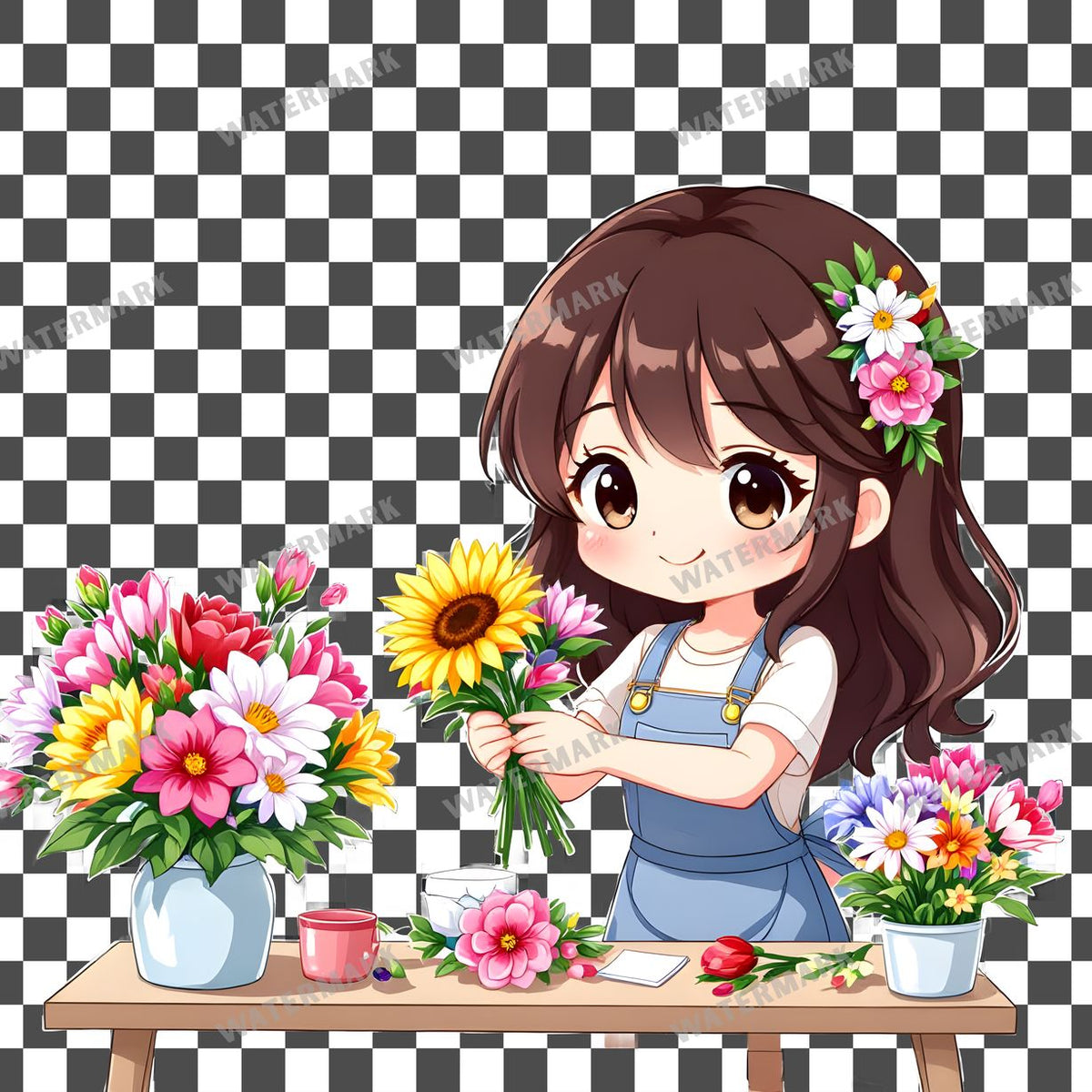 Chibi Florist Arranging Flowers clipart PNG on a transparent background, design 3