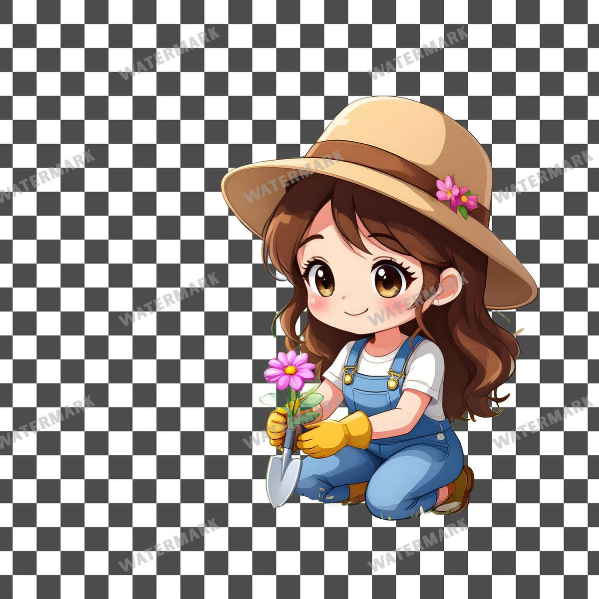 Chibi Gardener Planting Flowers clipart PNG on a transparent background, design 3