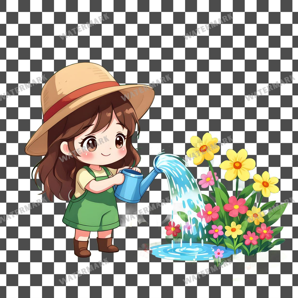 Chibi Gardener Watering Flowers clipart PNG on a transparent background, design 3