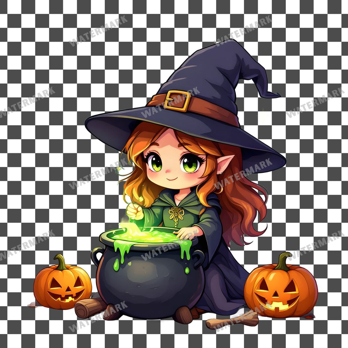 Chibi Witch Brewing clipart PNG on a transparent background, design 3