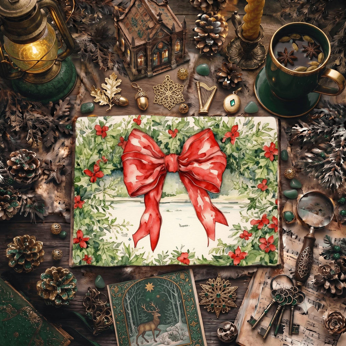 Christmas Red Ribbon Decorated Digital Papers