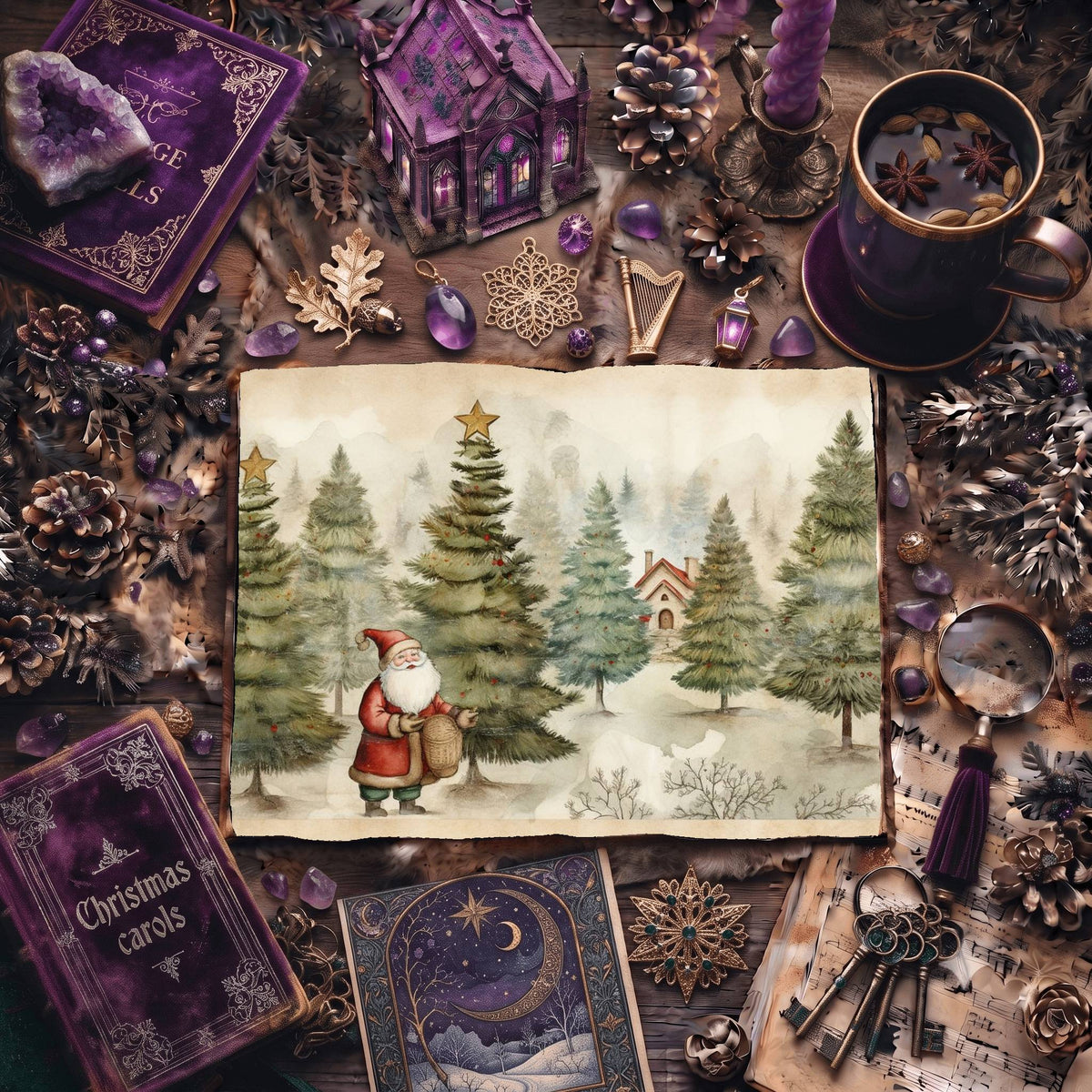 Christmas Santa Claus And Trees Digital Papers