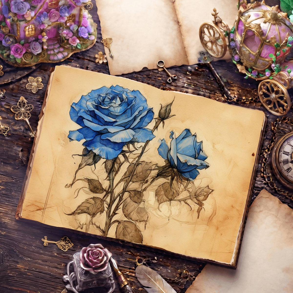 Decaying Blue Roses Digital Papers