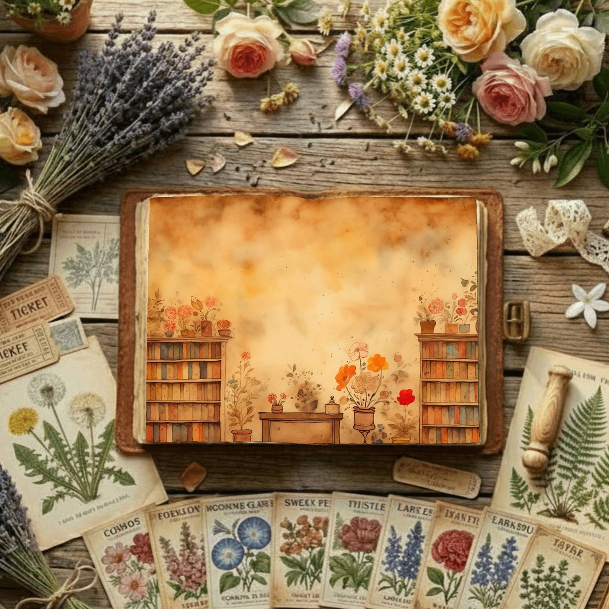 Floral Bookcase Digital Papers