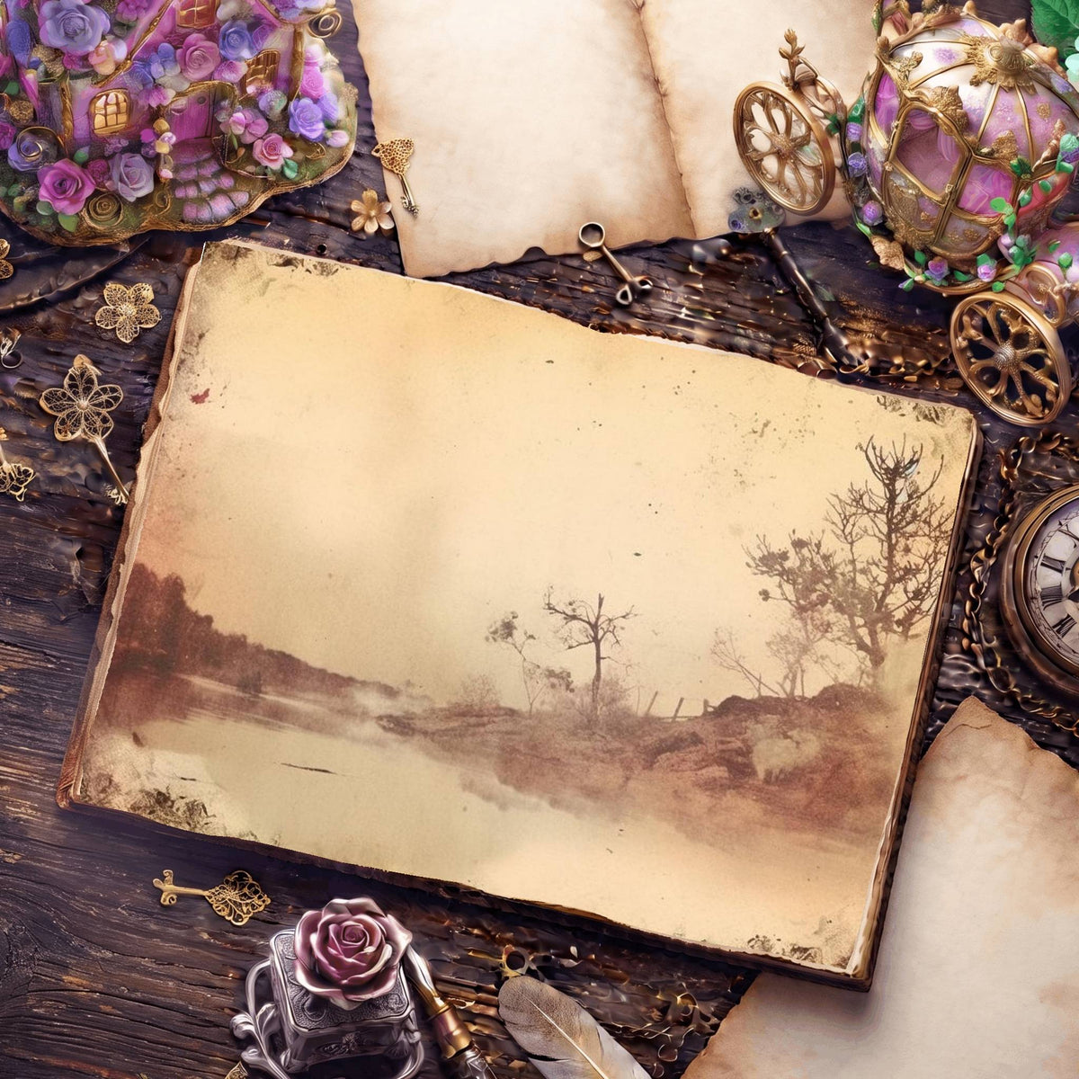 Misty Riverscape Digital Papers