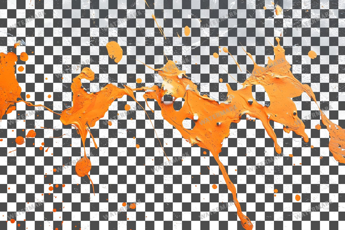 Orange Paint Splatter Abstract Splashes PNG overlay on a transparent checkered background, preview 3
