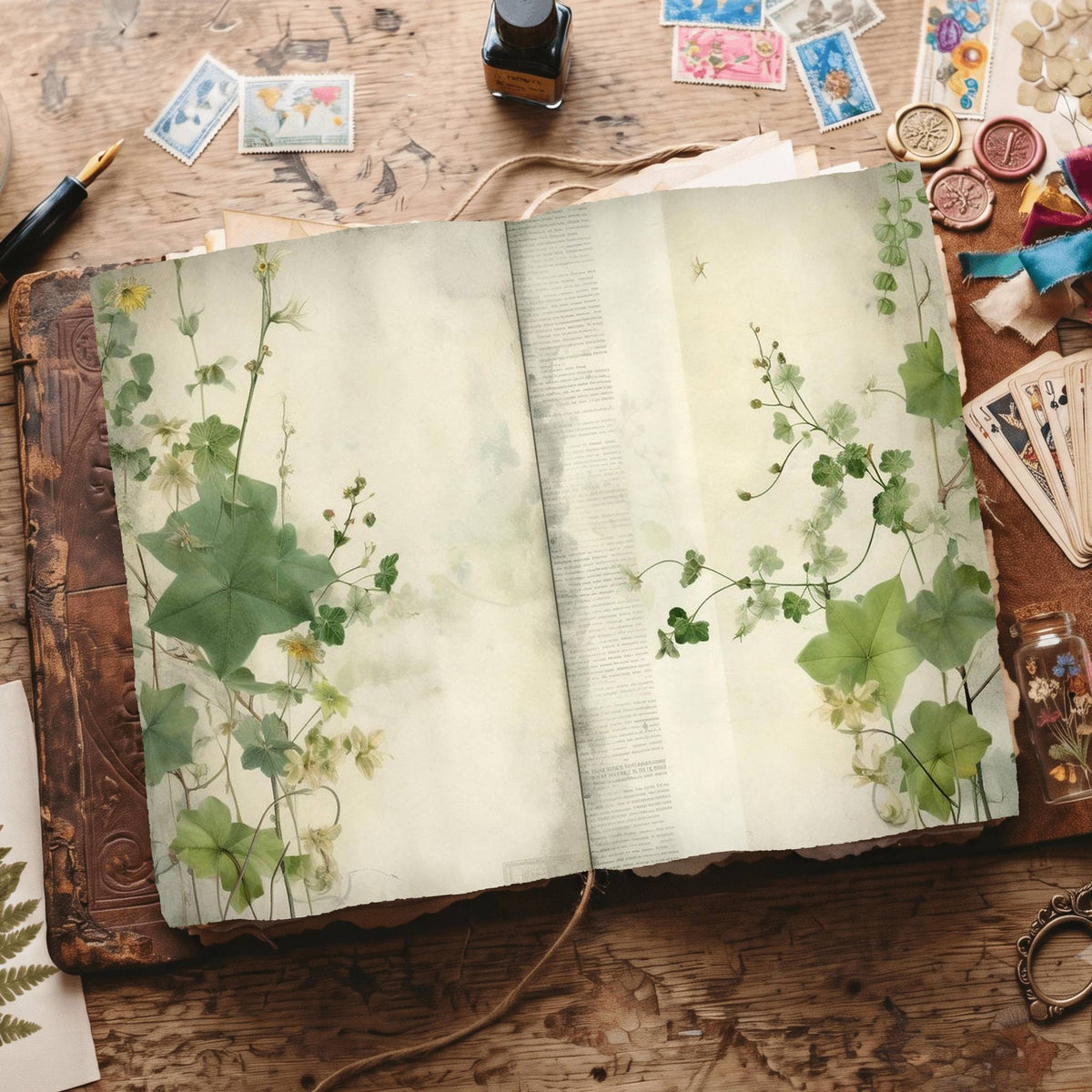Plain Leafy Green printable junk journal paper, page preview 3