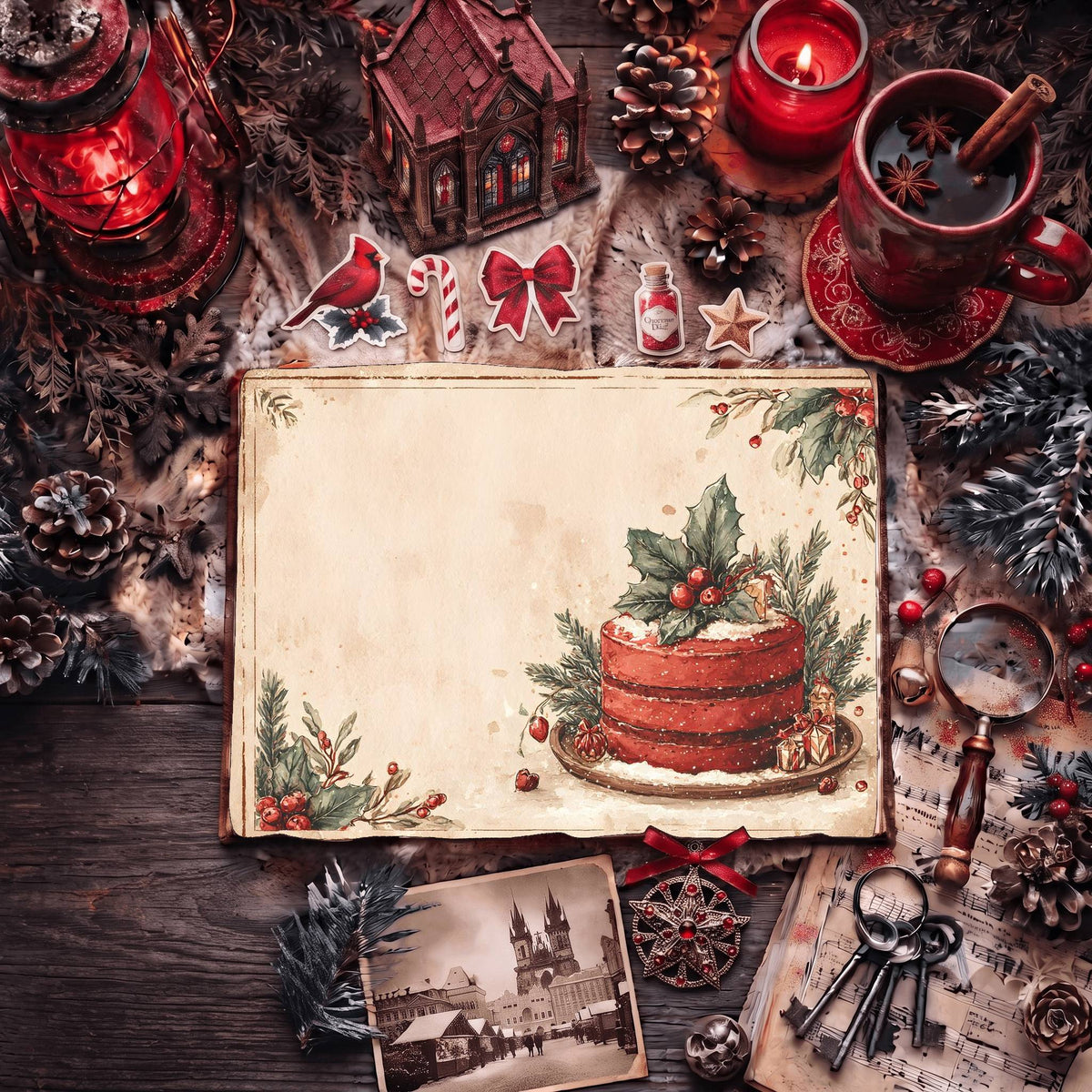 Red Christmas Cake And Mistletoe Cute Decorations Digital Papers