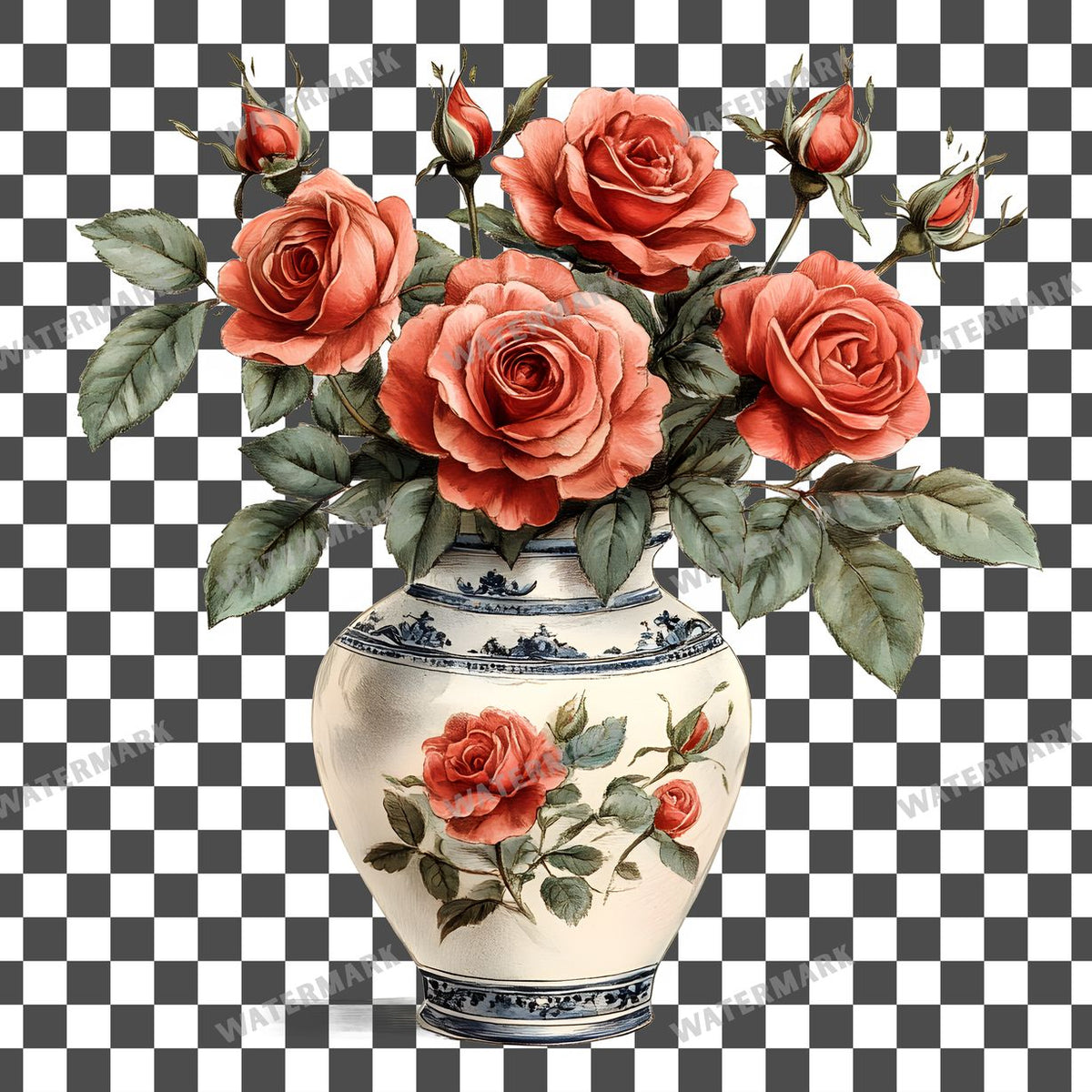 Red Roses Vintage Style clipart PNG on a transparent background, design 3
