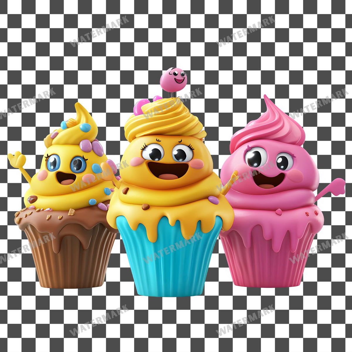 Smiling Cupcakes clipart PNG on a transparent background, design 3