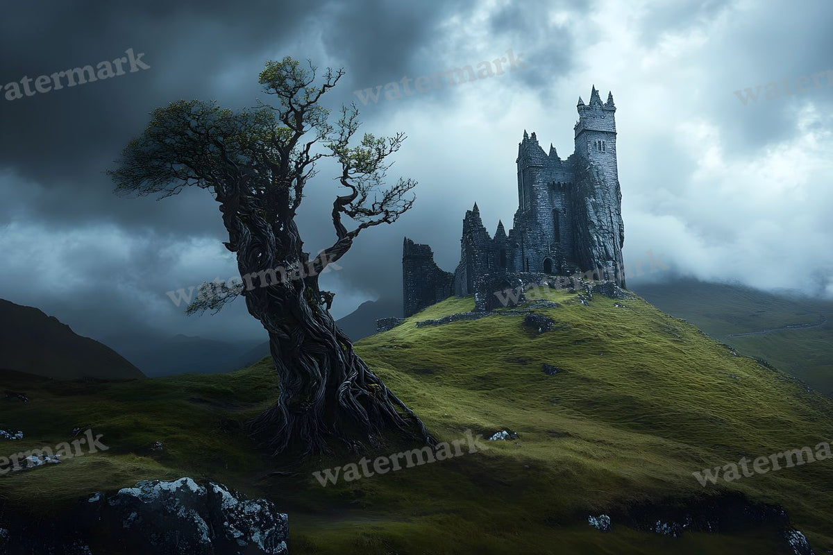Witch’Castle On Dark Mountain In Storm Backdrop Images