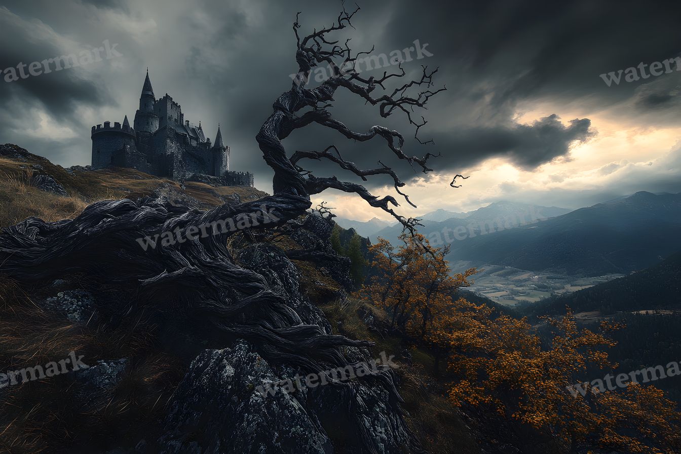 Witch’Castle On Dark Mountain In Storm Backdrop Images