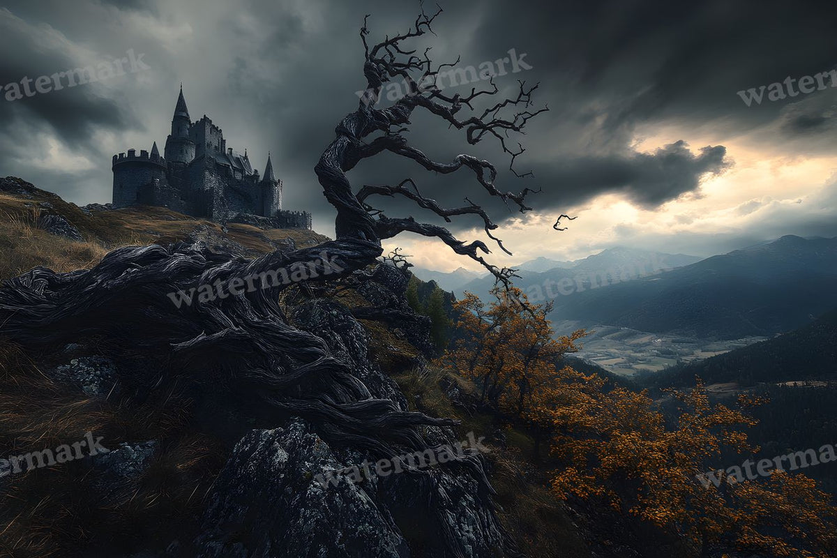 Witch’Castle On Dark Mountain In Storm Backdrop Images