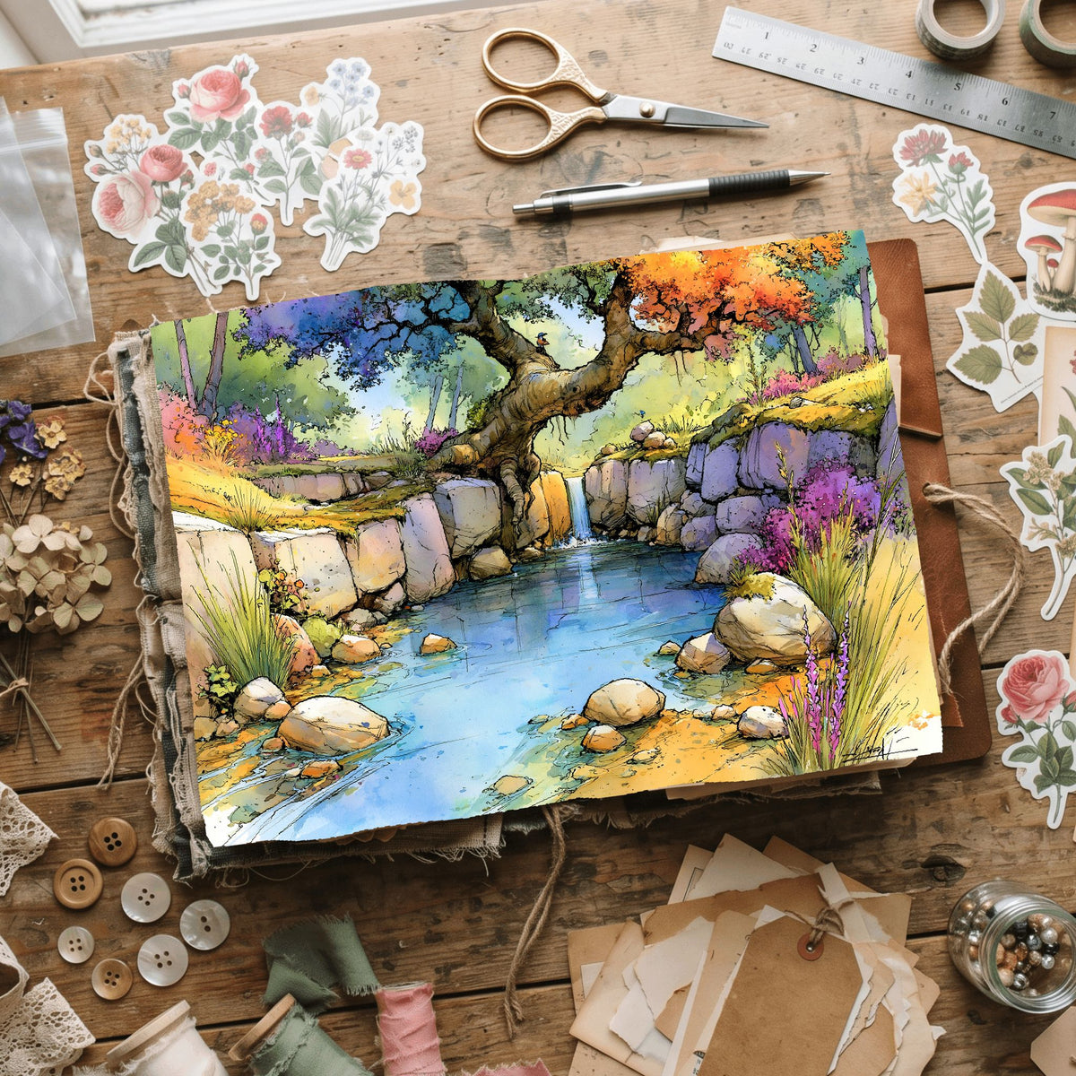 Peaceful Woodland Brook Watercolor