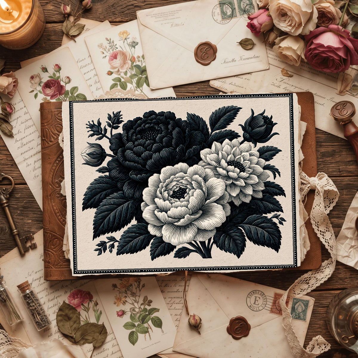 Vintage Black Ink Floral Illustration