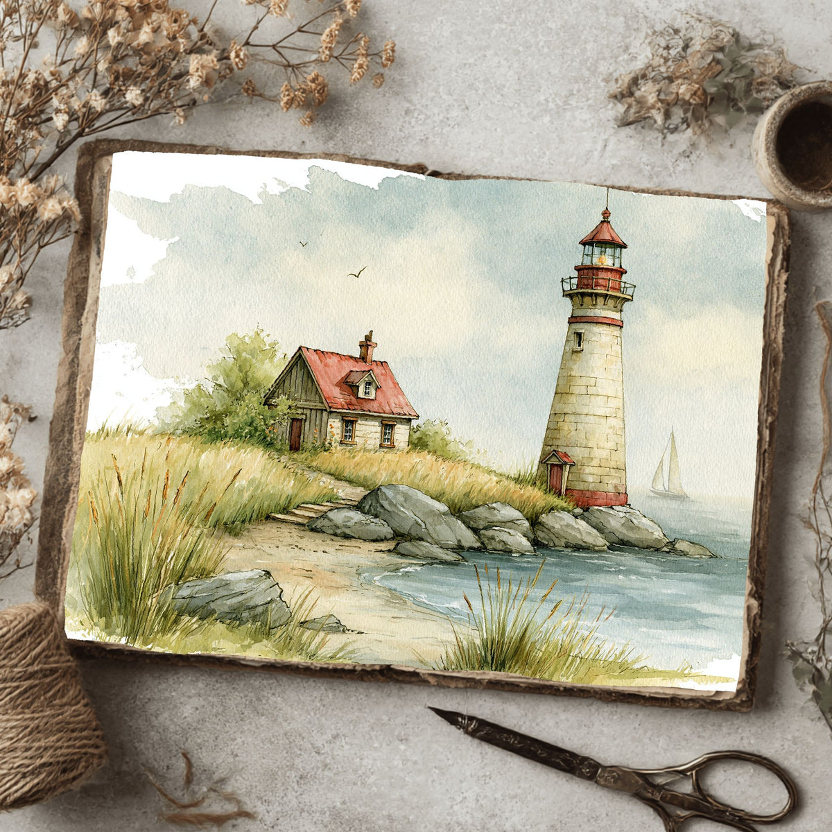 Watercolor Lighthouse Coastal Scene