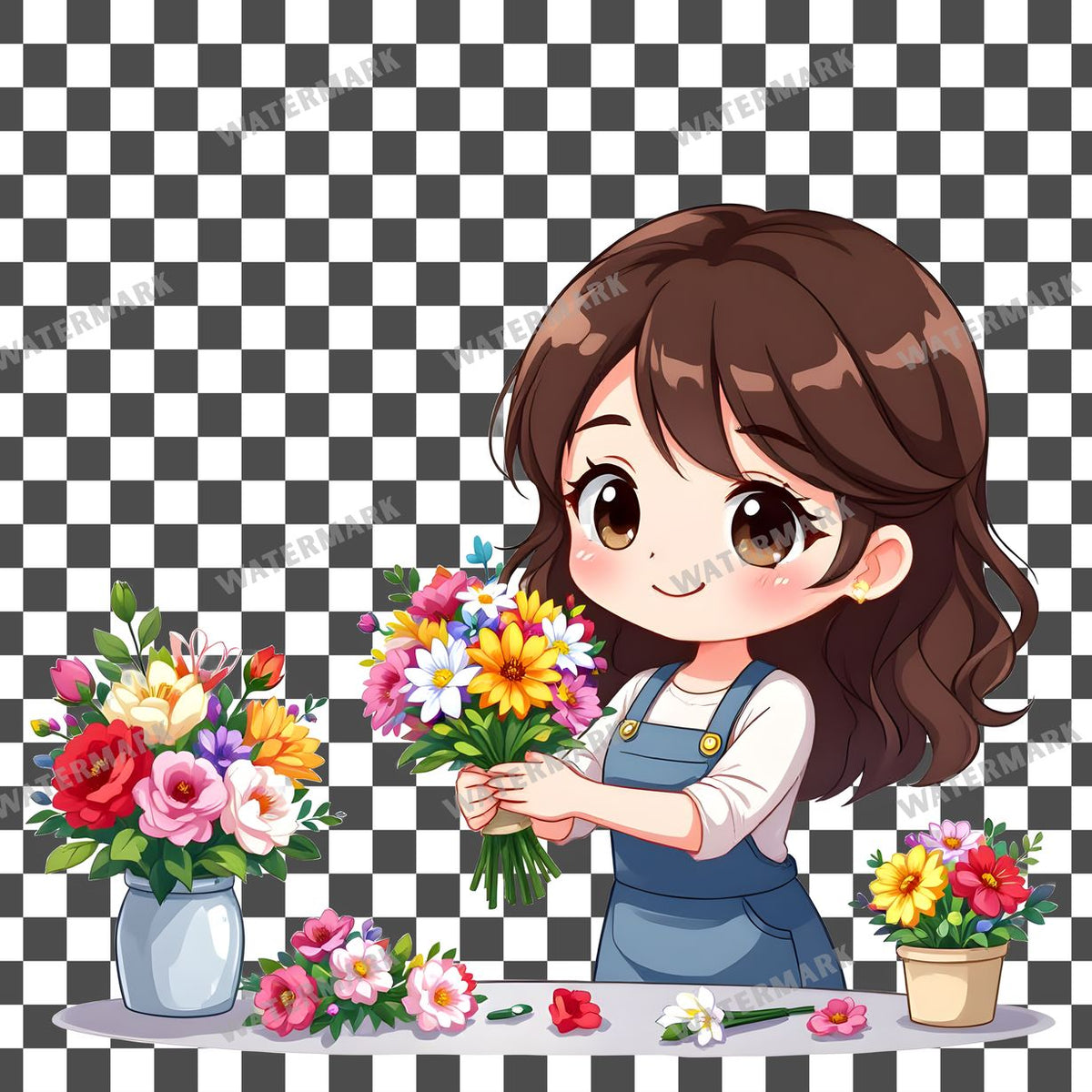 Chibi Florist Arranging Flowers clipart PNG on a transparent background, design 4