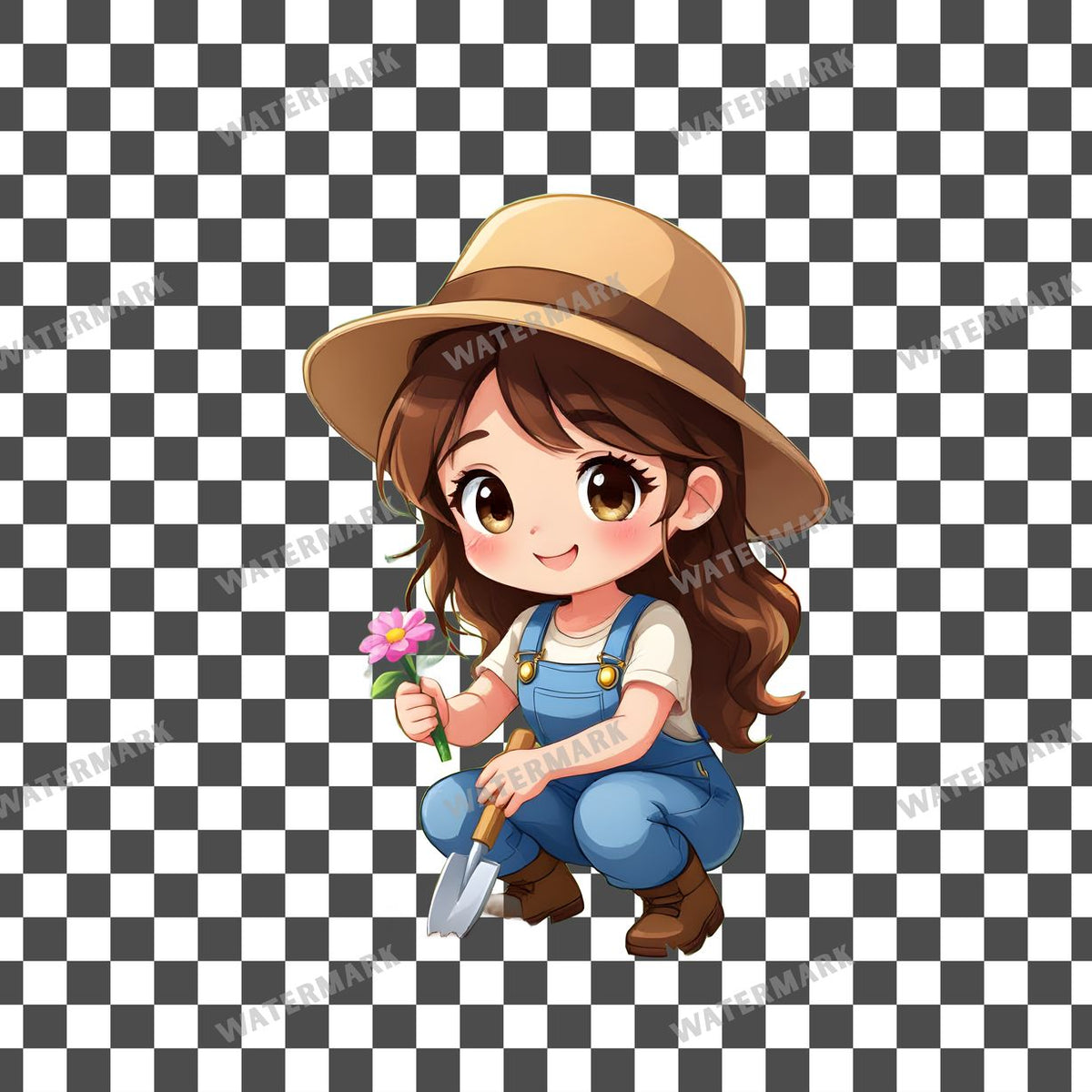 Chibi Gardener Planting Flowers clipart PNG on a transparent background, design 4
