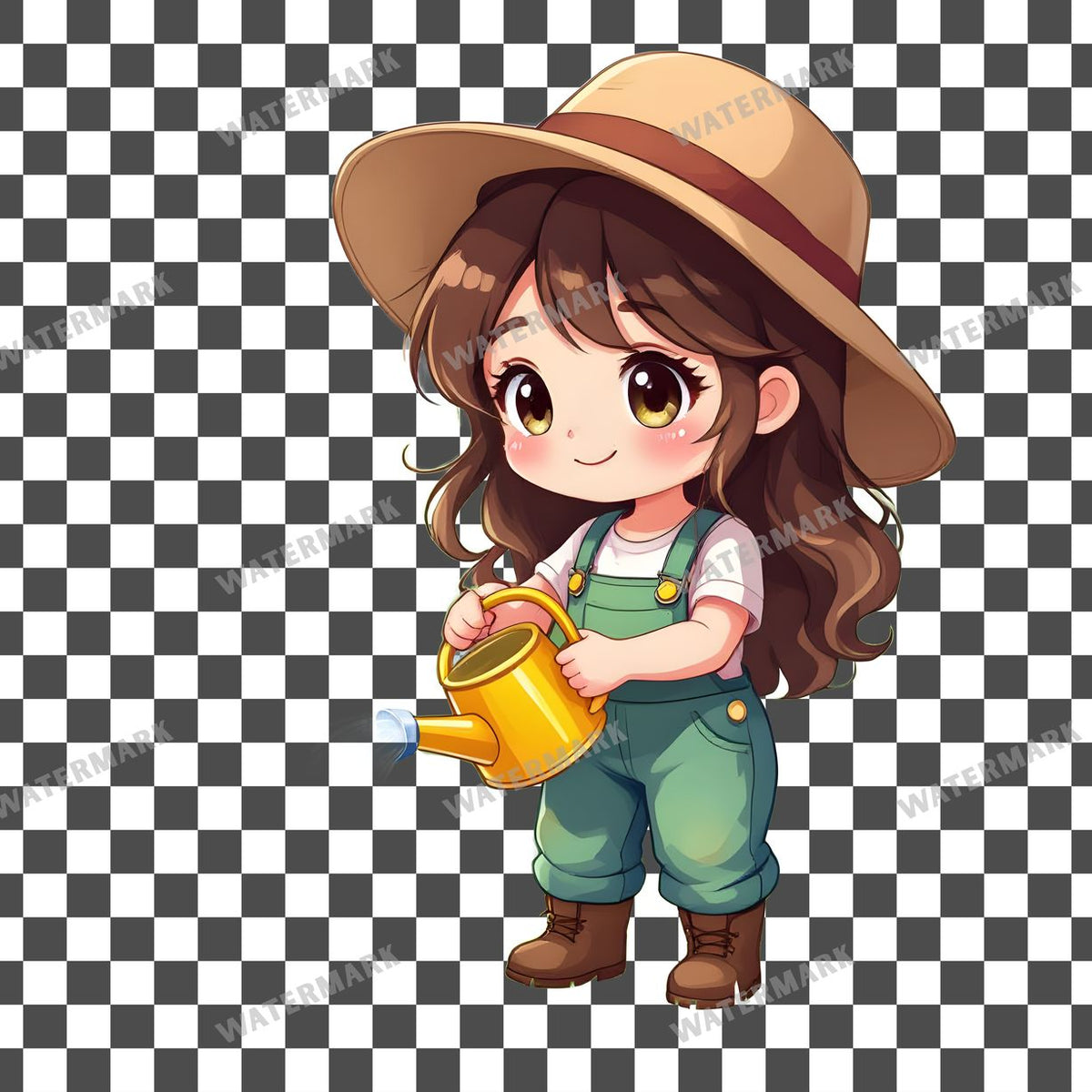 Chibi Gardener Watering Flowers clipart PNG on a transparent background, design 4