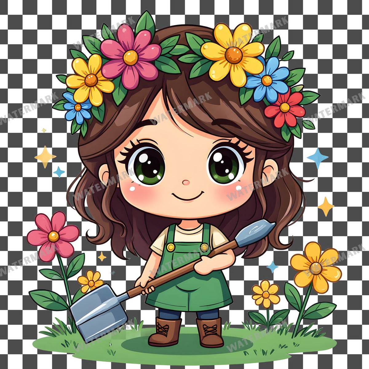 Chibi Gardener Flower clipart PNG on a transparent background, design 4