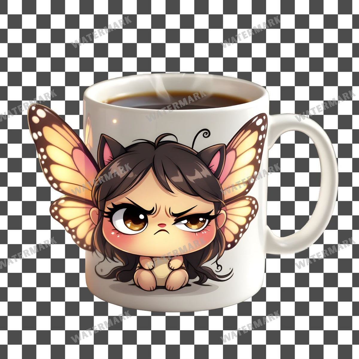 Chibi Grumpy Coffee Mug clipart PNG on a transparent background, design 4