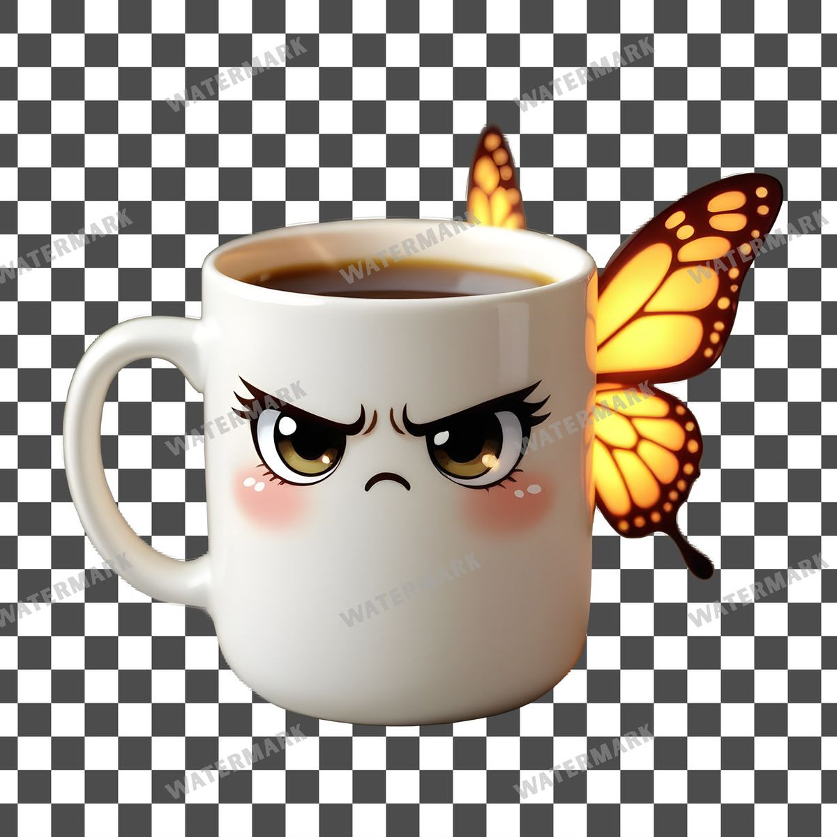 Chibi Grumpy Coffee Mug clipart PNG on a transparent background, design 4