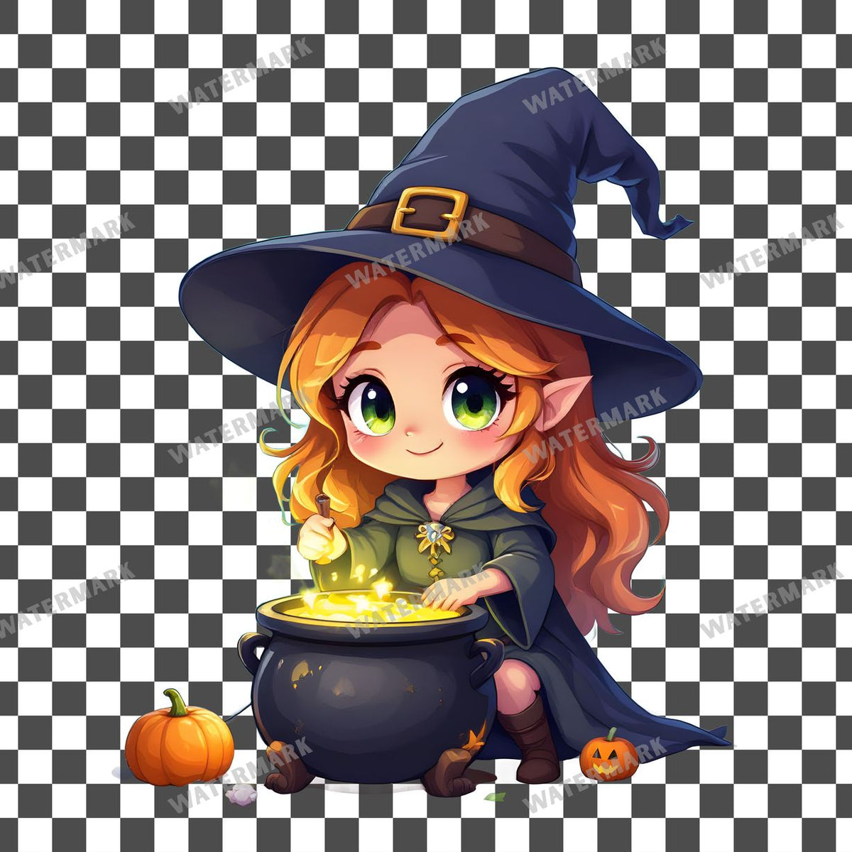 Chibi Witch Brewing clipart PNG on a transparent background, design 4